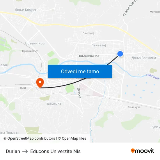 Durlan to Educons Univerzite Nis map