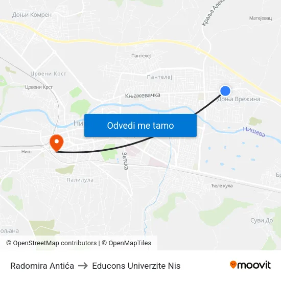 Radomira Antića to Educons Univerzite Nis map