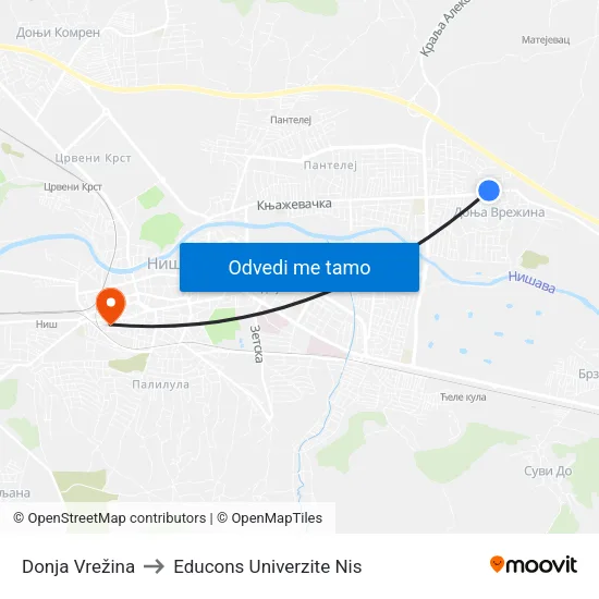 Donja Vrežina to Educons Univerzite Nis map