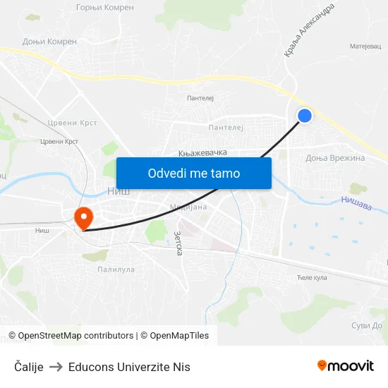 Čalije to Educons Univerzite Nis map