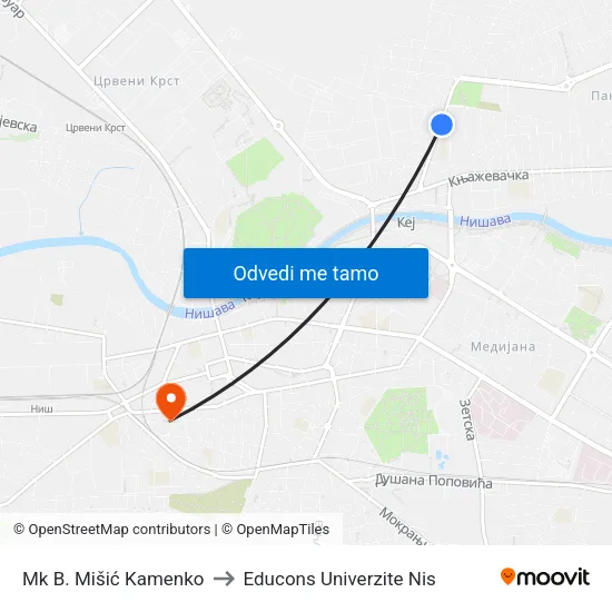 Mk B. Mišić Kamenko to Educons Univerzite Nis map