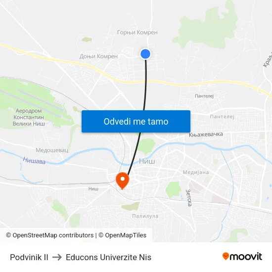 Podvinik II to Educons Univerzite Nis map