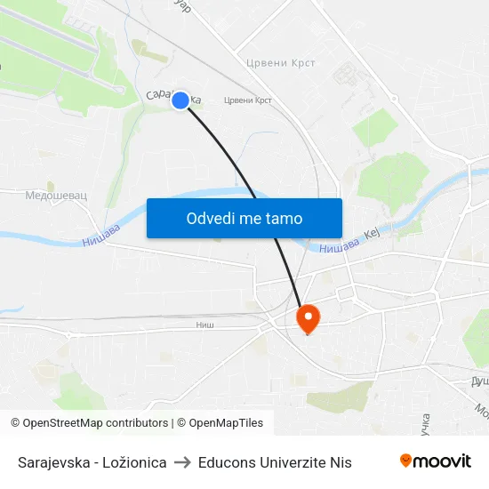 Sarajevska - Ložionica to Educons Univerzite Nis map