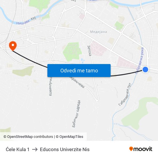 Ćele Kula 1 to Educons Univerzite Nis map