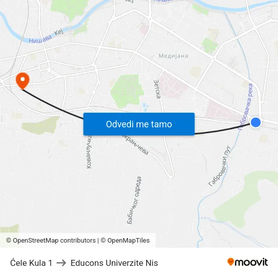 Ćele Kula 1 to Educons Univerzite Nis map