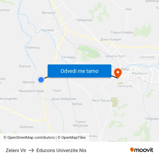Zeleni Vir to Educons Univerzite Nis map