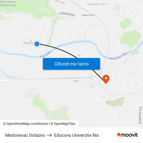 Medoševac Dolazno to Educons Univerzite Nis map