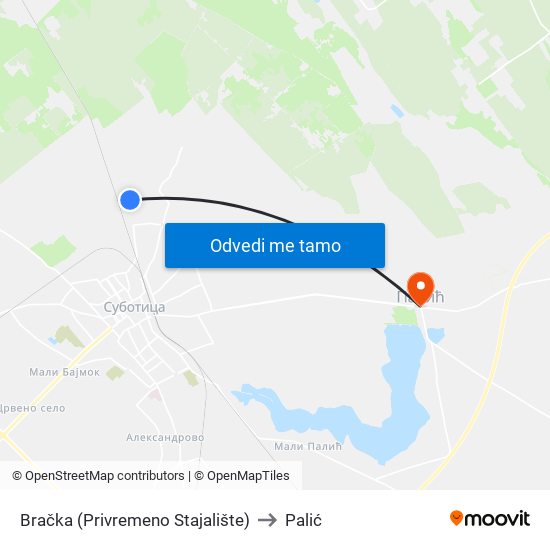 Bračka (Privremeno Stajalište) to Palić map