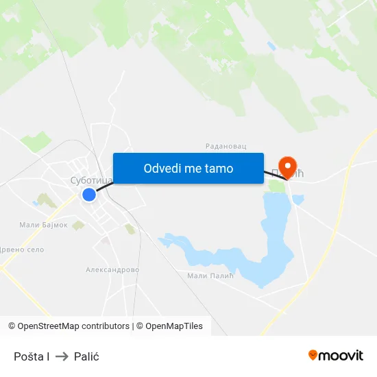 Pošta I to Palić map