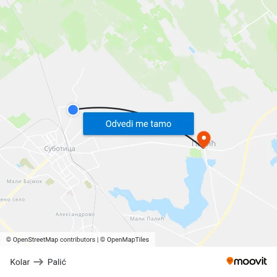 Kolar to Palić map