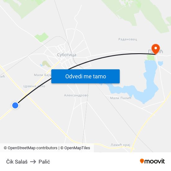 Čik Salaš to Palić map