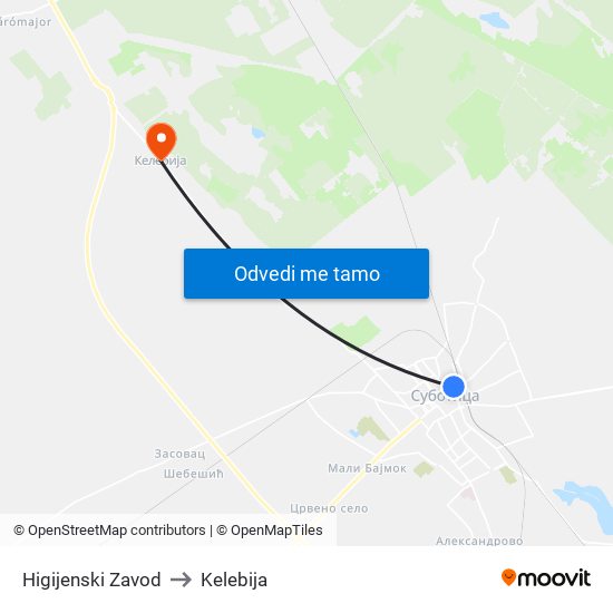 Higijenski Zavod to Kelebija map