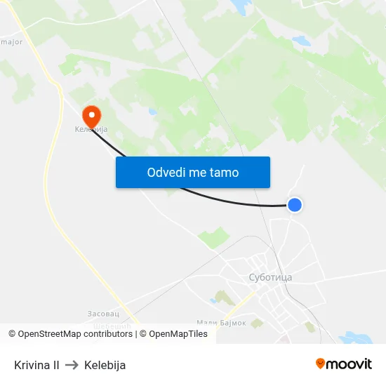 Krivina II to Kelebija map