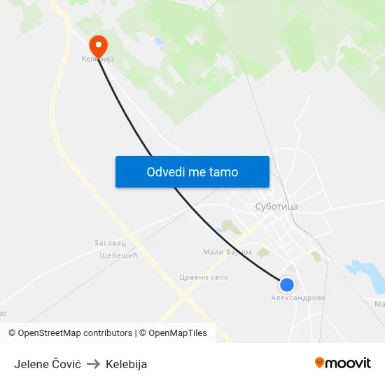 Jelene Čović to Kelebija map