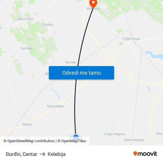 Đurđin, Centar to Kelebija map