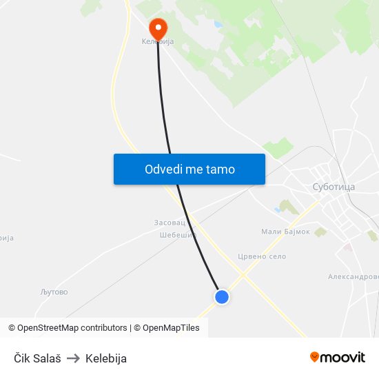 Čik Salaš to Kelebija map