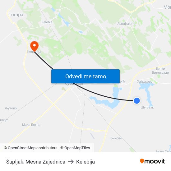 Šupljak, Mesna Zajednica to Kelebija map