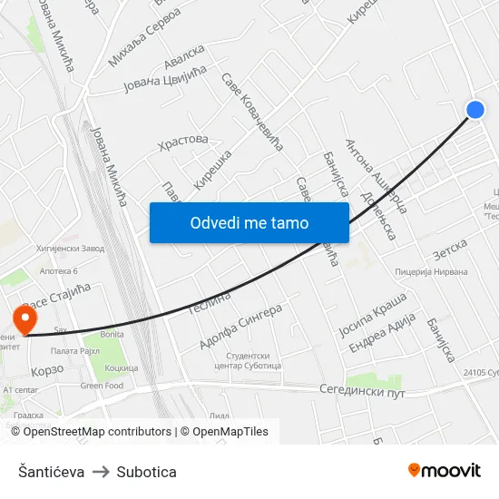 Šantićeva to Subotica map