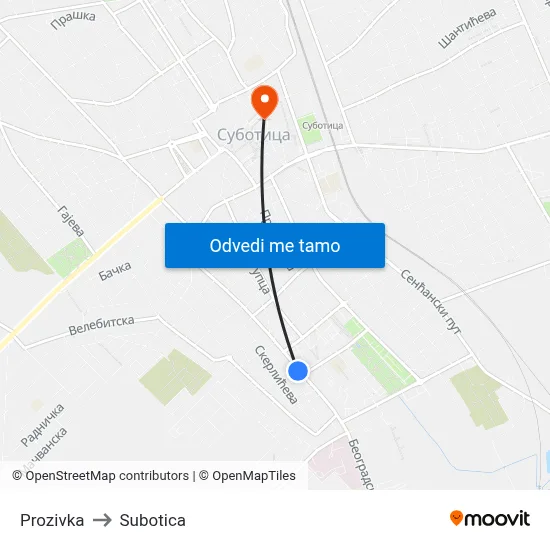 Prozivka to Subotica map