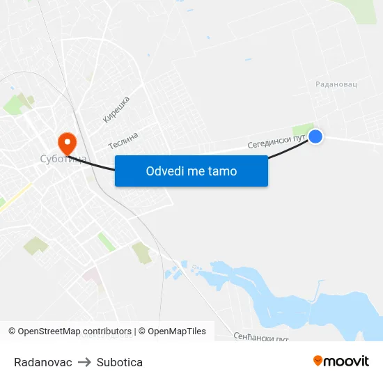 Radanovac to Subotica map