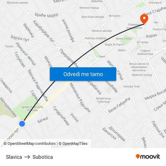 Slavica to Subotica map