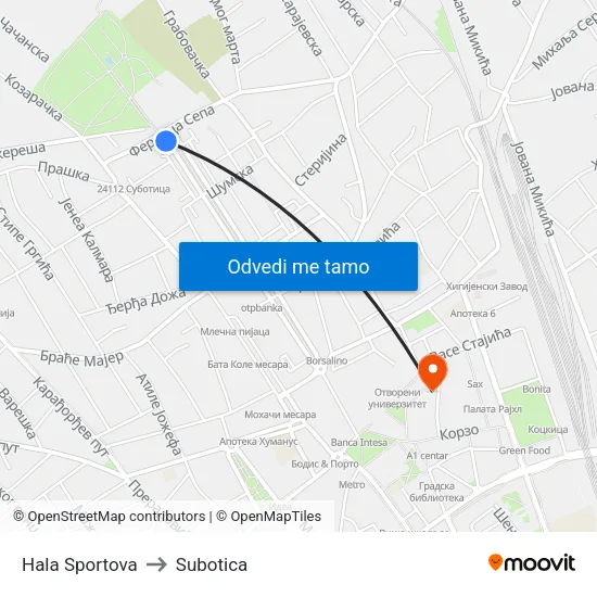 Hala Sportova to Subotica map