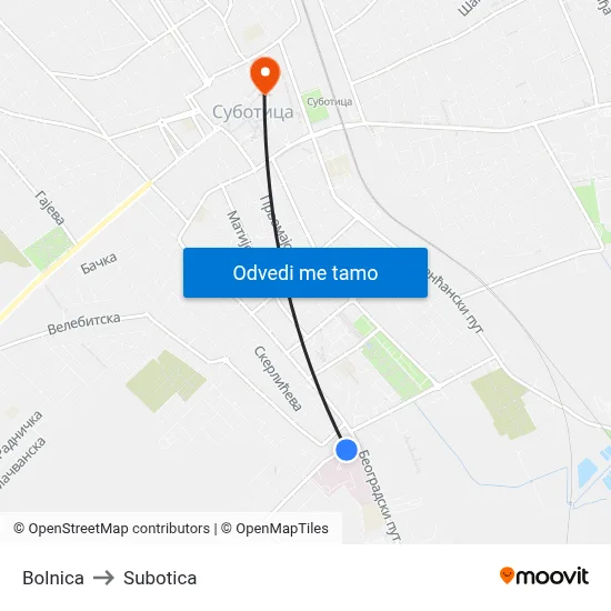 Bolnica to Subotica map