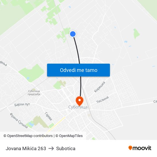 Jovana Mikića 263 to Subotica map