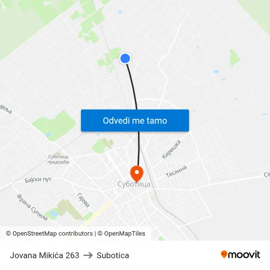 Jovana Mikića 263 to Subotica map