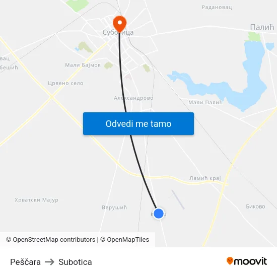 Peščara to Subotica map