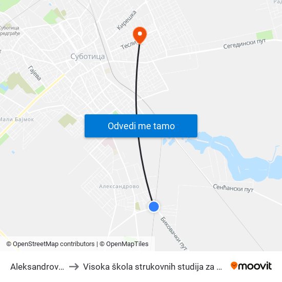 Aleksandrovo (Okretište) to Visoka škola strukovnih studija za obrazovanje vaspitača i trenera map