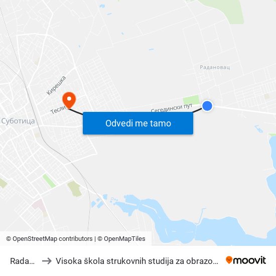 Radanovac to Visoka škola strukovnih studija za obrazovanje vaspitača i trenera map