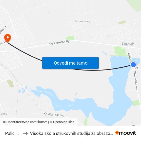 Palić, Štrand to Visoka škola strukovnih studija za obrazovanje vaspitača i trenera map