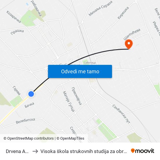 Drvena Ambulanta to Visoka škola strukovnih studija za obrazovanje vaspitača i trenera map