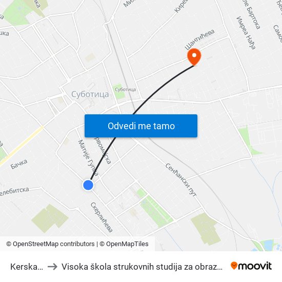 Kerska Crkva to Visoka škola strukovnih studija za obrazovanje vaspitača i trenera map