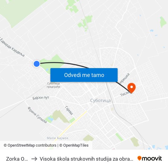 Zorka Okretište to Visoka škola strukovnih studija za obrazovanje vaspitača i trenera map