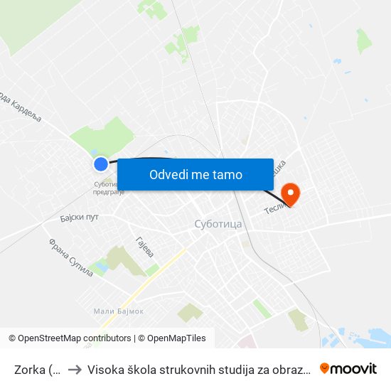 Zorka (Pruga) to Visoka škola strukovnih studija za obrazovanje vaspitača i trenera map