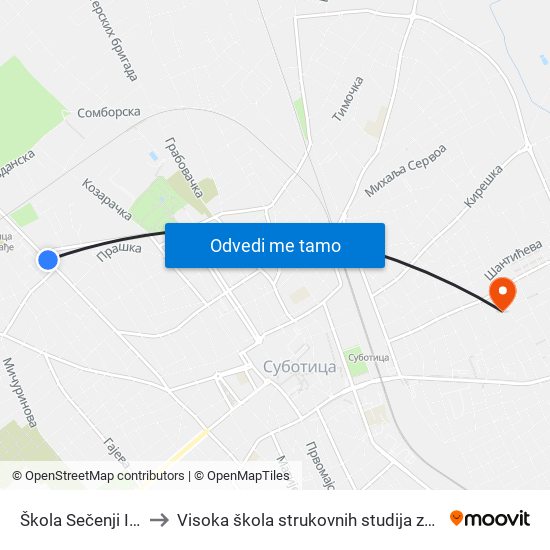 Škola Sečenji Ištvan (Kasarna) to Visoka škola strukovnih studija za obrazovanje vaspitača i trenera map