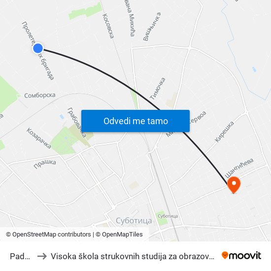 Padejska to Visoka škola strukovnih studija za obrazovanje vaspitača i trenera map