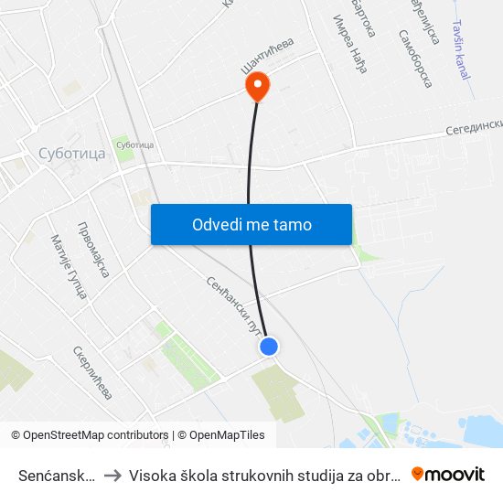 Senćansko Groblje to Visoka škola strukovnih studija za obrazovanje vaspitača i trenera map