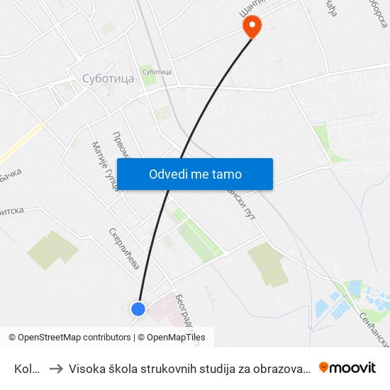 Kolevka to Visoka škola strukovnih studija za obrazovanje vaspitača i trenera map