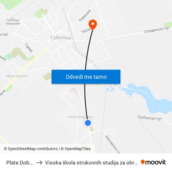 Plate Dobrojevića II to Visoka škola strukovnih studija za obrazovanje vaspitača i trenera map