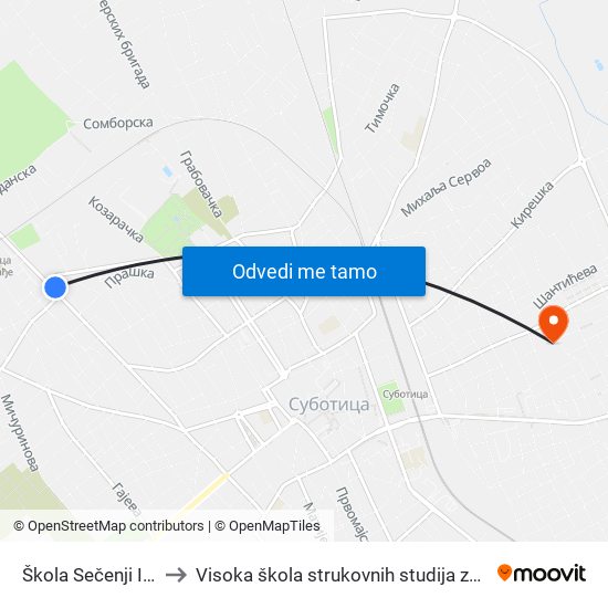 Škola Sečenji Ištvan (Kasarna) to Visoka škola strukovnih studija za obrazovanje vaspitača i trenera map