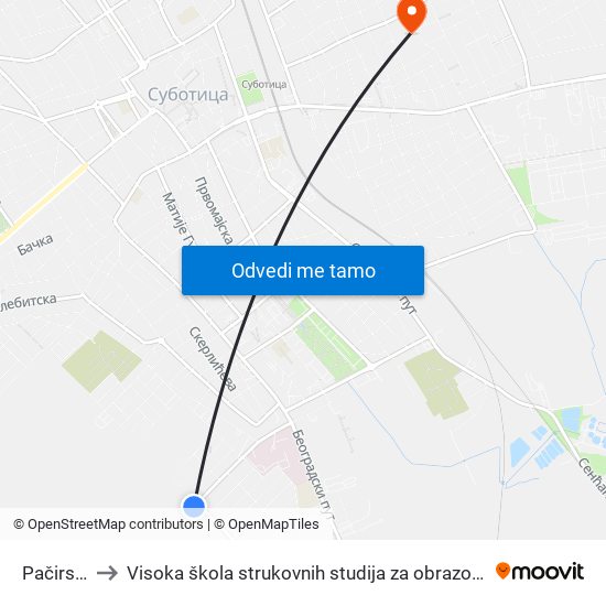 Pačirski Put to Visoka škola strukovnih studija za obrazovanje vaspitača i trenera map