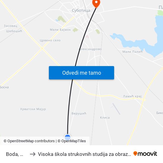 Boda, Mikićevo to Visoka škola strukovnih studija za obrazovanje vaspitača i trenera map