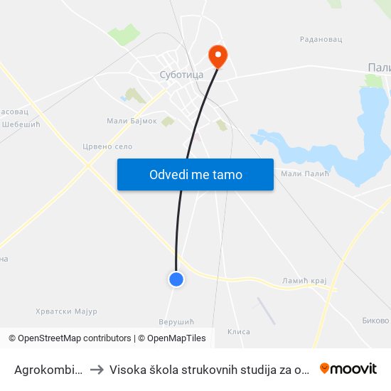 Agrokombinat Verušić to Visoka škola strukovnih studija za obrazovanje vaspitača i trenera map