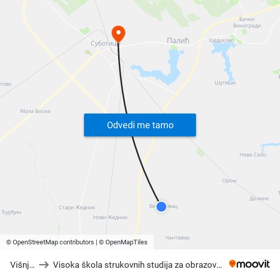 Višnjevac to Visoka škola strukovnih studija za obrazovanje vaspitača i trenera map