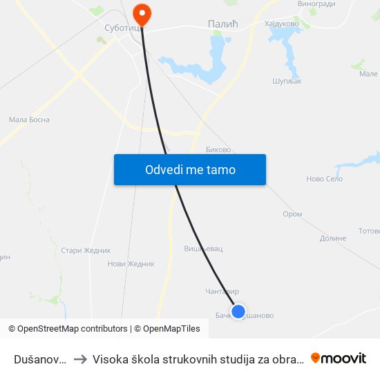 Dušanovo, Bunar to Visoka škola strukovnih studija za obrazovanje vaspitača i trenera map