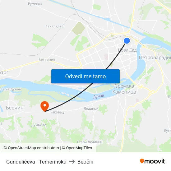 Gundulićeva - Temerinska to Beočin map