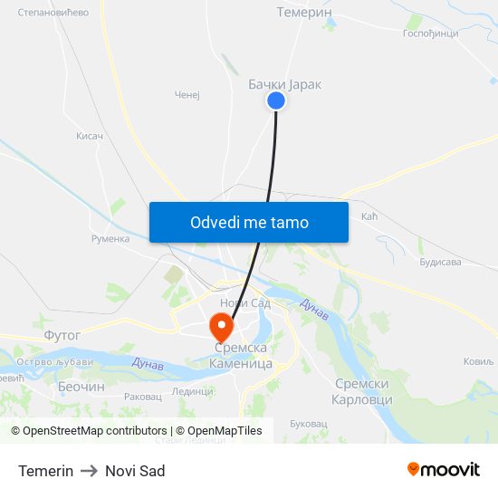 Temerin to Novi Sad map